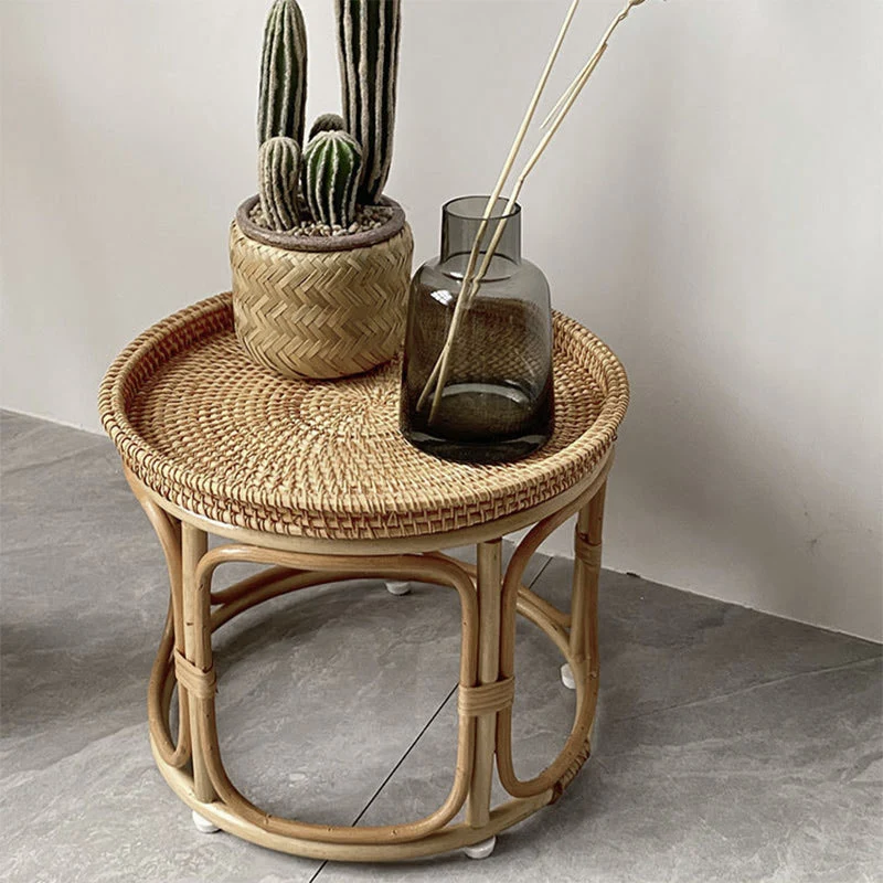 Contemporary Boho Round Rattan Weaving Base Coffee Table For Living Room