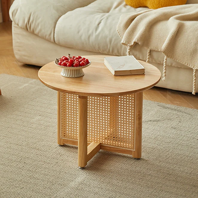 Traditional Japanese Weaving Round Faux Rattan Rubberwood Coffee Table For Living Room