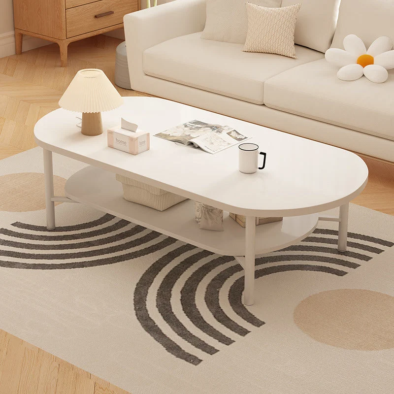Modern Minimalist Cream Oval Carbon Steel MDF Coffee Table 2-Tier For Living Room