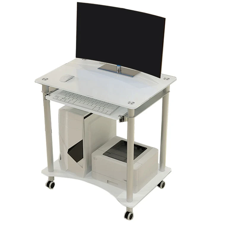 Rectangular Toughened Glass Computer Desk with Caster Wheels and Keyboard Tray