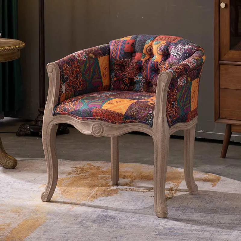 Traditional Vintage Fabric Rubberwood Square Half Round Accent Chair Backrest Armrest For Living Room