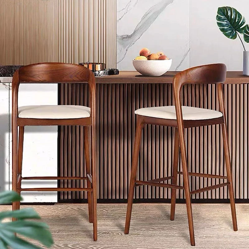 Contemporary Retro Square Rubberwood Frame Faux Leather Upholstered Bar Stool Low Back Footrest For Dining Room