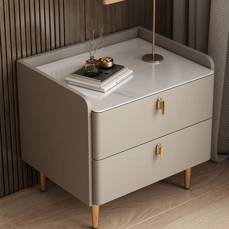 Modern Luxury Rectangular Cylinder Base Rock Slab Microfiber Leather MDF Carbon Steel Nightstand 2-Drawer For Bedroom