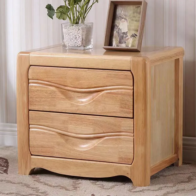 Modern Minimalist Square Rubberwood Plywood Nightstand 2-Drawer For Bedroom