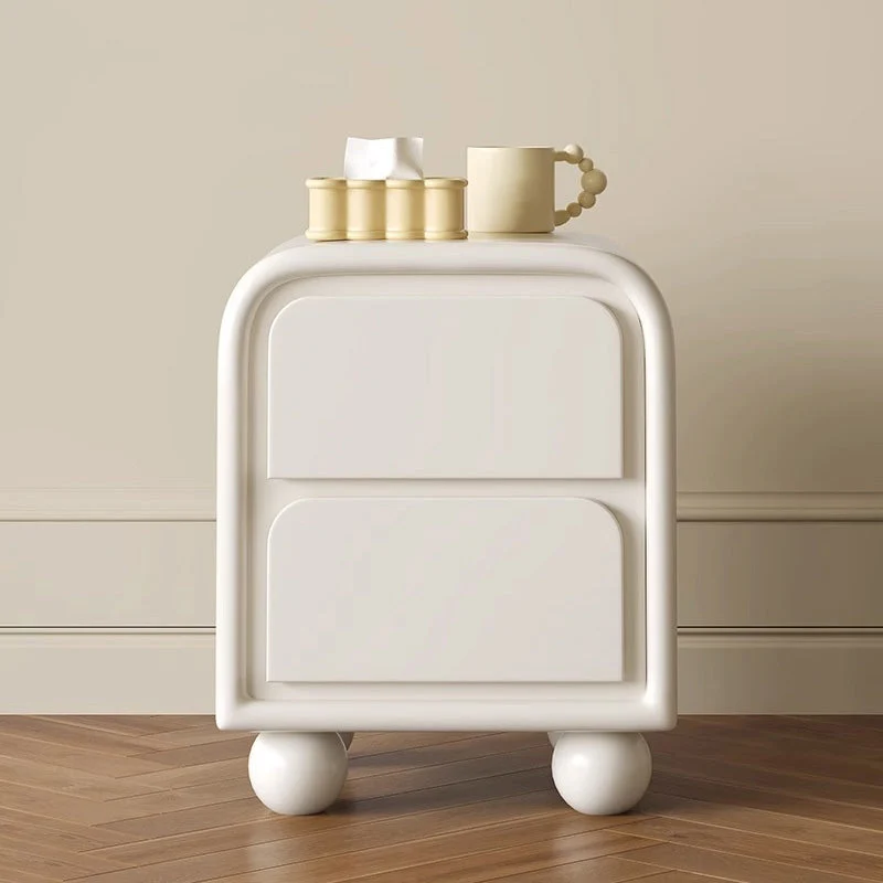 Modern Minimalist Cream Rectangular Round Corner Ball Base Plywood Pine Nightstand 2-Drawer For Bedroom