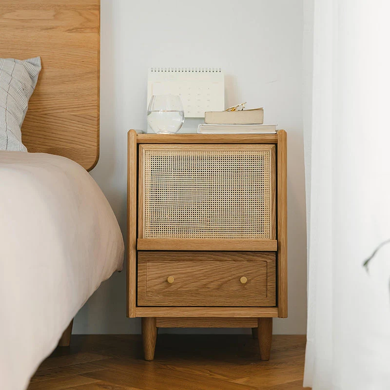 Traditional Vintage Rectangular Rubberwood Plywood Faux Rattan Nightstand 2-Drawer For Bedroom