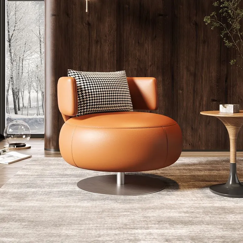 Contemporary Scandinavian Round Curved PU Leather Sponge Stainless Steel Accent Chair Backrest Rotatable For Living Room