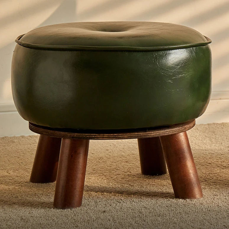 Modern Minimalist Round Bent Oil-Wax Leather Solid Wood Footstool Backrest Armless For Living Room