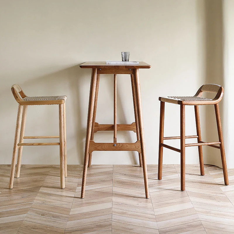 Contemporary Retro Square Kraft Paper Rope Weaving Rubberwood Bar Stool Low Back Footrest For Dining Room