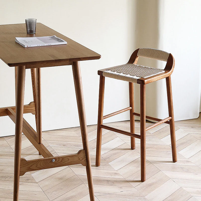 Contemporary Retro Square Kraft Paper Rope Weaving Rubberwood Bar Stool Low Back Footrest For Dining Room