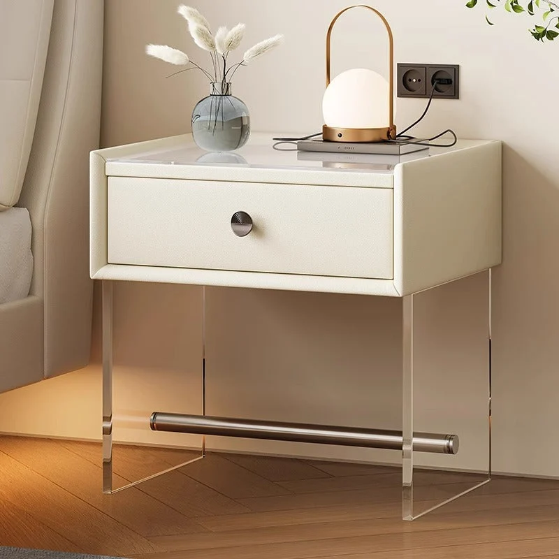 Modern Minimalist Rectangular Reinforced Glass Faux Leather Wood Acrylic Stainless Steel Nightstand 1-Drawer For Bedside