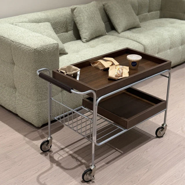 Modern Mid-Century Rectangular Trolley Pine Plywood Iron Side Table 2-Tier Movable For Living Room
