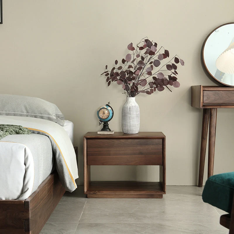 Modern Luxury Rectangular Black Walnut Paulownia Wood Nightstand 1-Drawer For Bedroom