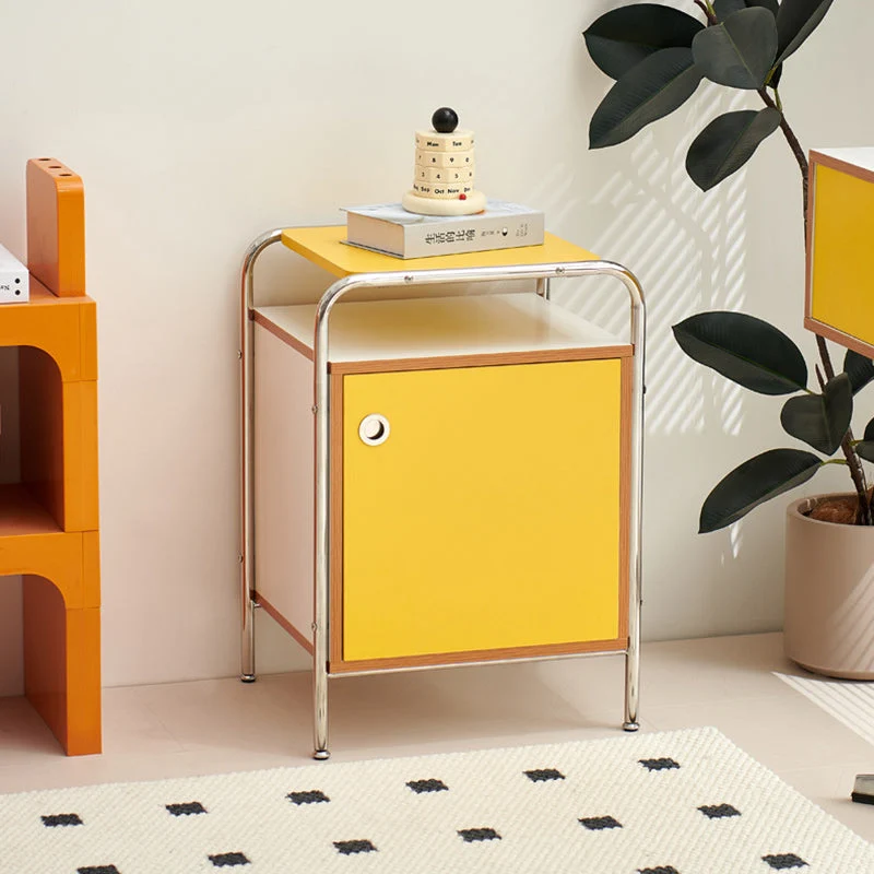 Modern Minimalist Rectangular Rounded Corner MDF Stainless Steel Nightstand 1-Cabinet For Bedroom