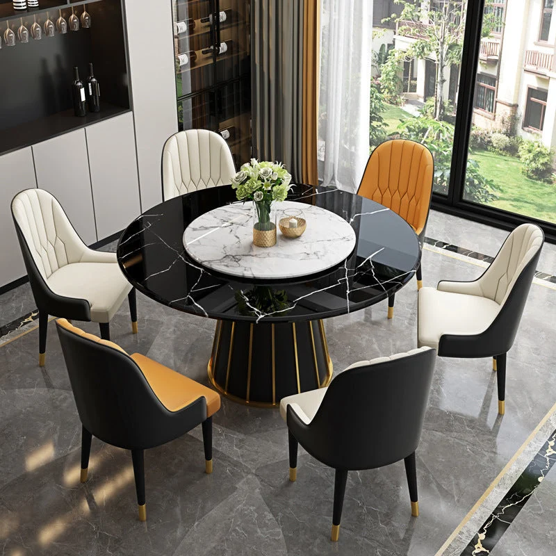 Round Stone Dining Table Modern Convertible Furniture with Pedestal Base
