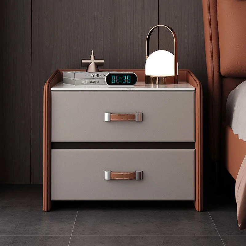Modern Simplicity Rectangular Slab Saddle-Style Faux Leather Wood Nightstand 2-Drawer For Bedside