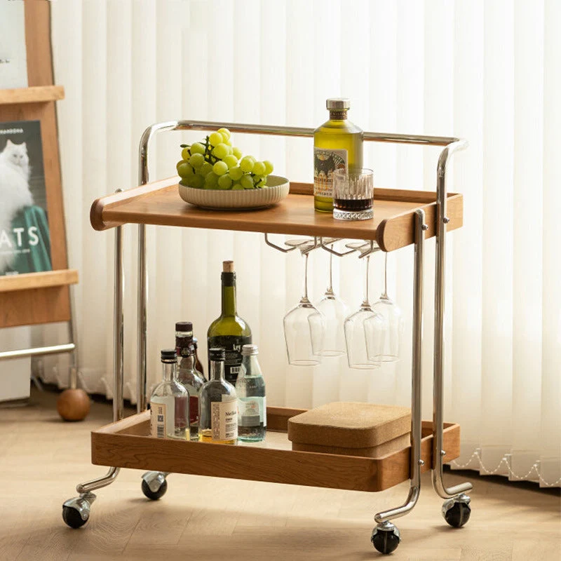 Traditional Vintage Rectangular Cherry Wood Stainless Steel Side Table 2-Tier For Living Room