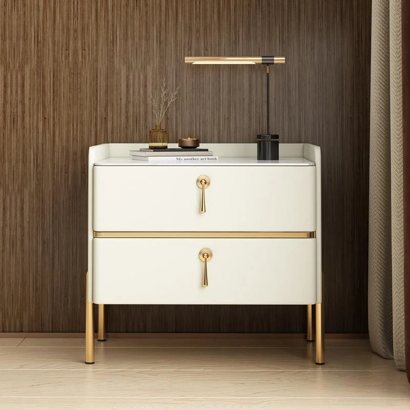 Modern Luxury Rectangular Pine Wood Rock Slab Microfiber Leather Carbon Steel Nightstand 2-Drawer For Bedroom