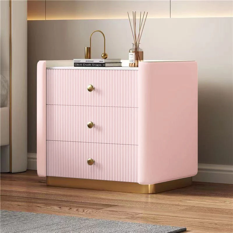 Modern Minimalist Rectangular Round Corner Pine Wood Rock Slab Microfiber Leather Stainless Steel Nightstand 3-Drawer For Bedroom