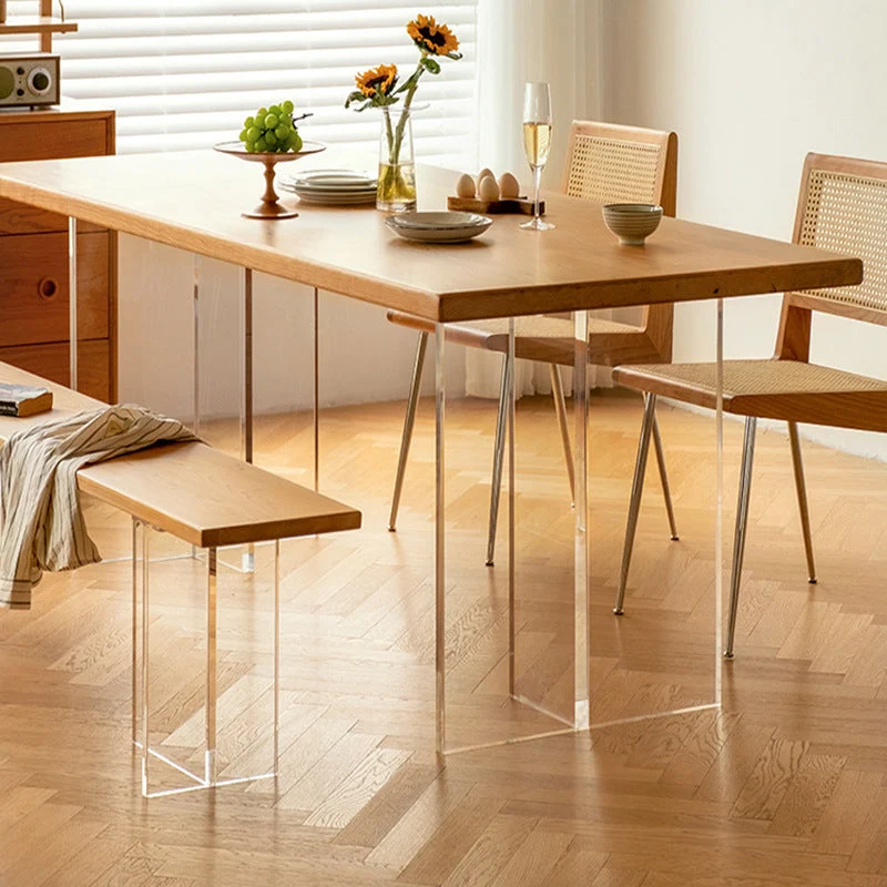 Natural Solid Wood Dining Table Modern Indoor Furniture with Acrylic Double Pedestal Base