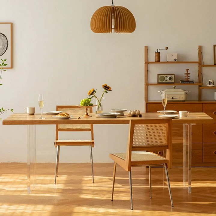 Natural Solid Wood Dining Table Modern Indoor Furniture with Acrylic Double Pedestal Base