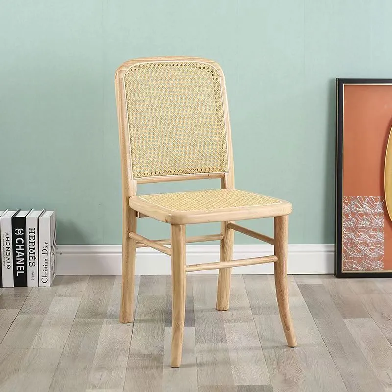 Contemporary Scandinavian Rattan Rubberwood Rectangular Square Lattice Dining Chair Back For Dining Room