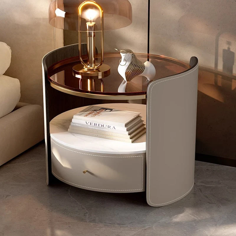 Modern Luxury Round Saddle-Style Faux Leather Glass Plywood Nightstand 1-Drawer For Bedroom