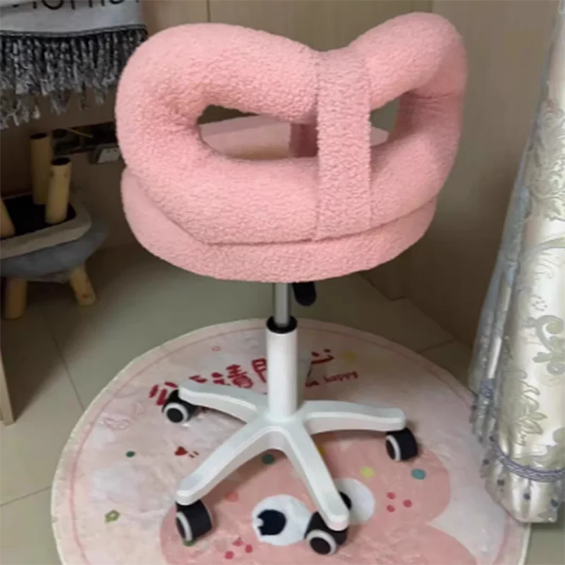 Modern Art Deco Butterfly Knot Round Sherpa Fabric Faux Leather Metal Vanity Stool Backrest Armless For Bedroom