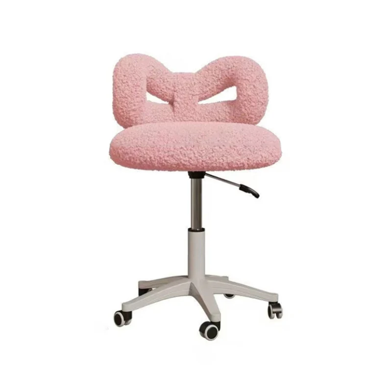 Modern Art Deco Butterfly Knot Round Sherpa Fabric Faux Leather Metal Vanity Stool Backrest Armless For Bedroom