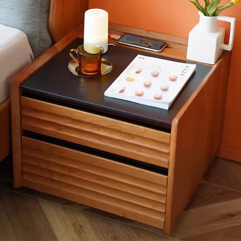 Traditional Vintage Rectangular Cherry Wood Beech Wood Nightstand 2-Drawer For Bedroom