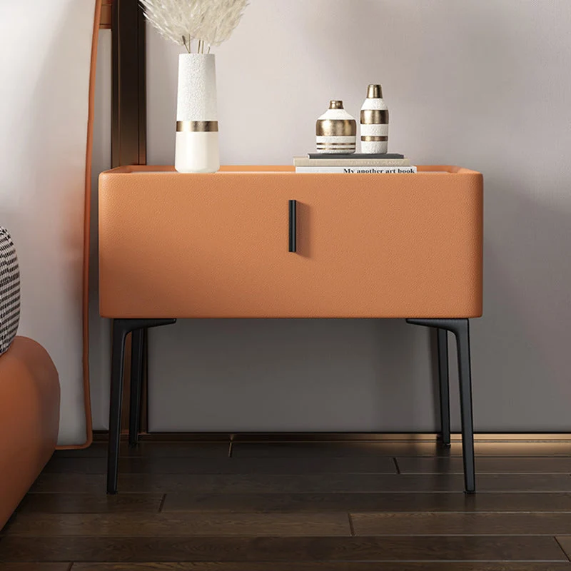 Contemporary Scandinavian Rectangular Rock Slab MDF Cat Scratch‑Resistant Leather Carbon Steel Nightstand 1-Drawer Mobile Phone Wireless Charging For Bedside