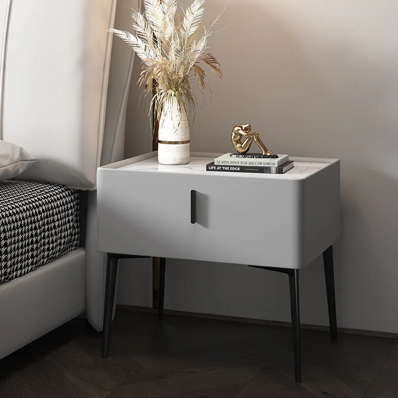 Contemporary Scandinavian Rectangular Rock Slab MDF Cat Scratch‑Resistant Leather Carbon Steel Nightstand 1-Drawer Mobile Phone Wireless Charging For Bedside