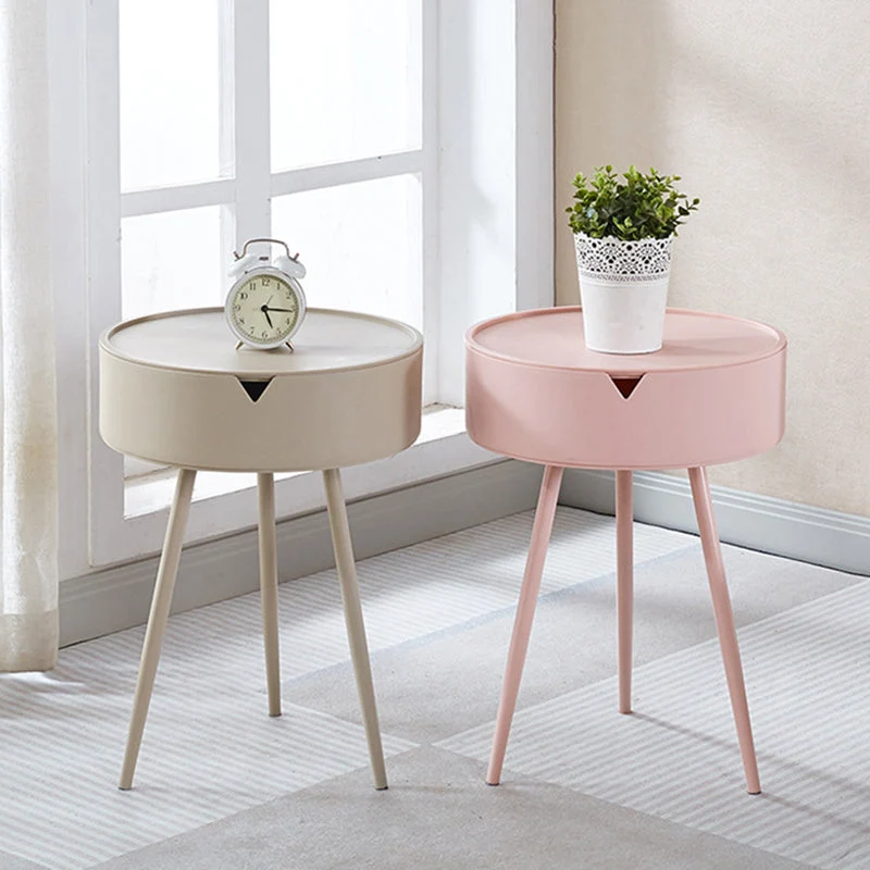 Modern Minimalist Round Tripod PP Plastic Iron Nightstand 1-Storage For Bedroom