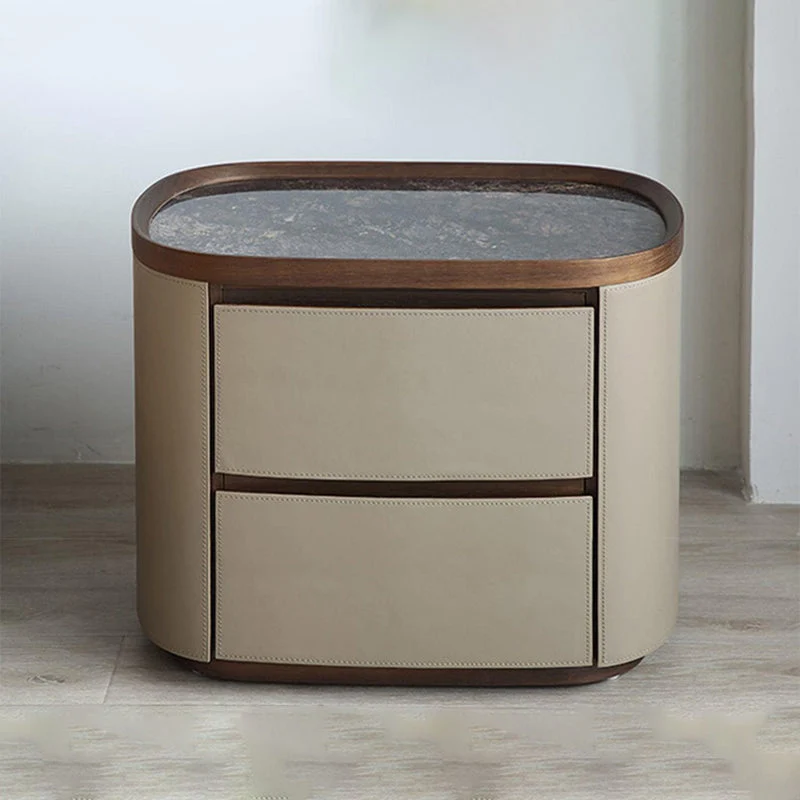 Modern Minimalist Elliptical Slate Saddle-Style Faux Leather Walnut Velvet Nightstand 2-Drawer For Bedside