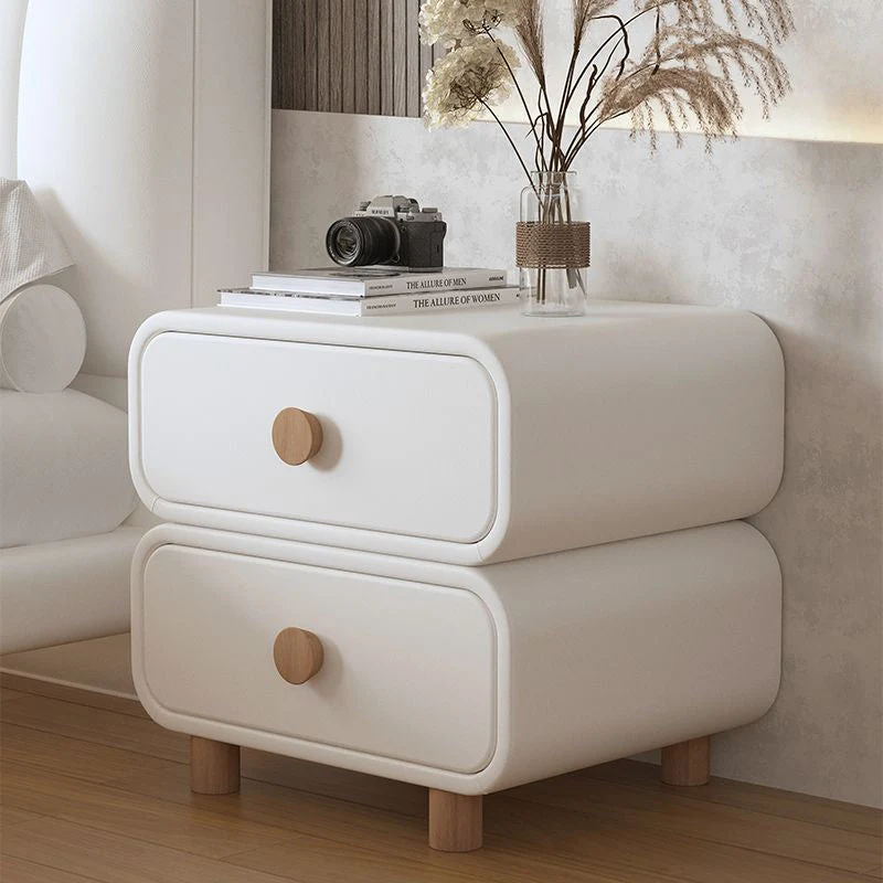 Contemporary Scandinavian Square Tabletop MDF Solid Wood Faux Leather Stainless Steel Nightstand 2-Drawer For Bedroom