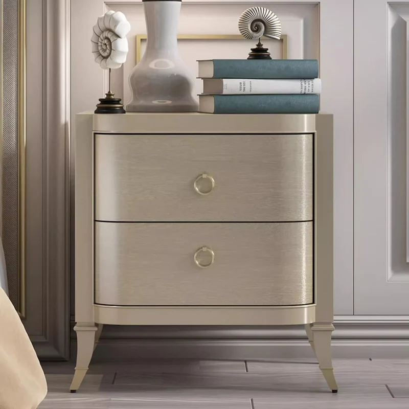Contemporary Boho Rectangular Tabletop Oak Wood Veneer Plywood Copper Nightstand 2-Drawer For Bedroom