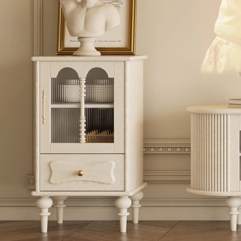 Traditional French Oak Striped Glass Arched Door Roman Column Rectangular Side Table 2/3 Tier Cabinet For Living Room
