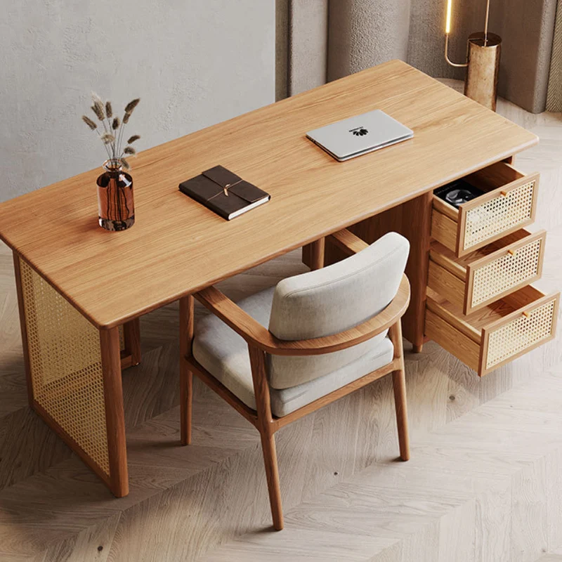 Traditional Japanese Weaving Imitation Rattan Wood Rectangular Desks 3-Drawer For Home Office