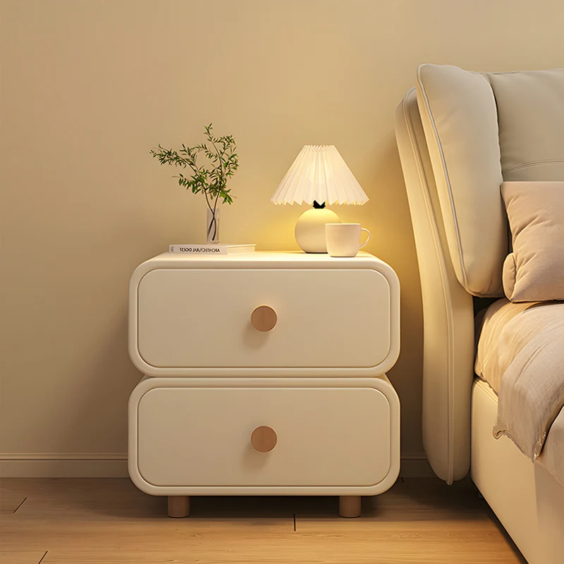 Modern Minimalist Microfiber Leather MDF Round Rectangular Nightstand With 2-Drawer For Bedroom