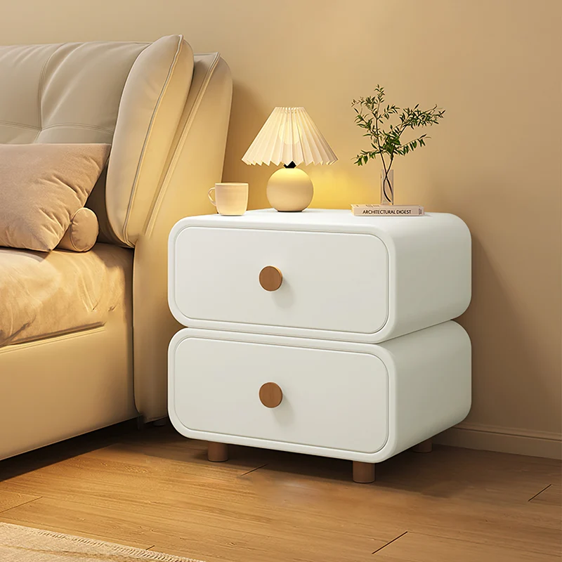 Modern Minimalist Microfiber Leather MDF Round Rectangular Nightstand With 2-Drawer For Bedroom