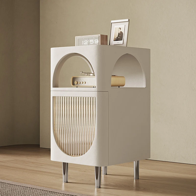 Modern Mid-Century Sintered Stone, Glass & Wood Rectangular Nightstand With 1-Drawer & 2-Tier Storage For Bedroom