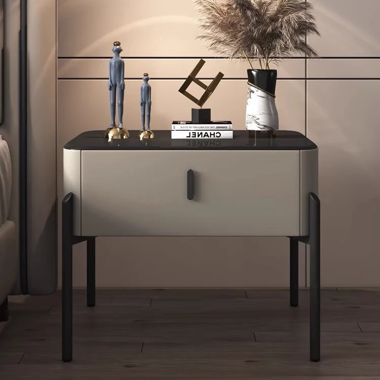 Contemporary Luxury Rectangular Tempered Glass Top Faux Leather Veneered MDF Frame Nightstand 1-Drawer For Bedroom