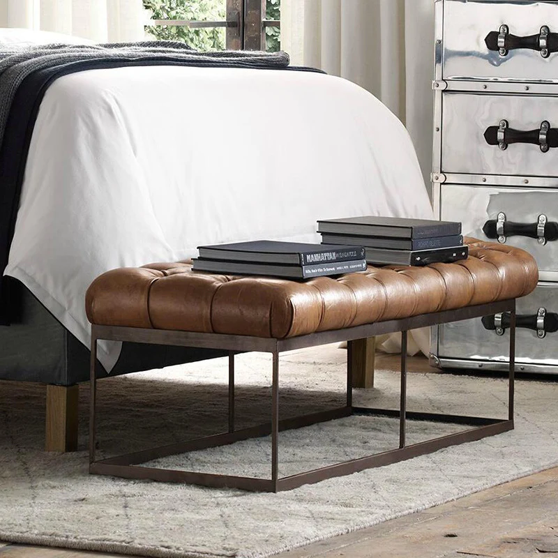 Contemporary Industrial Tufted Faux Leather Upholstered Iron Rectangular Frame Bench For Entryway