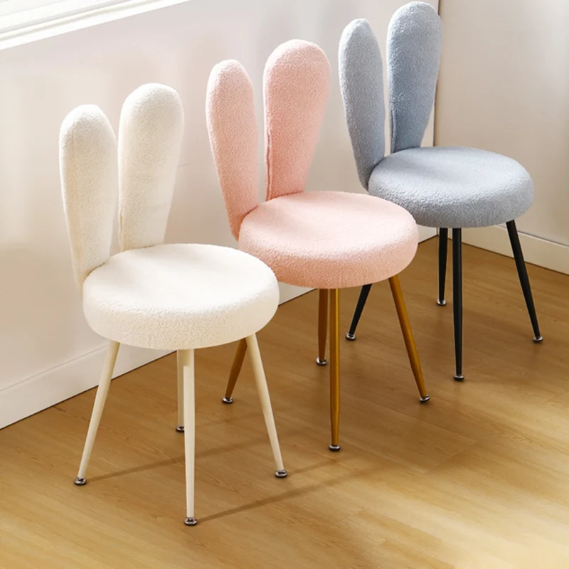 Modern Art Deco Rabbit Ears Round Sherpa Fabric Carbon Steel Vanity Stool Backrest For Bedroom