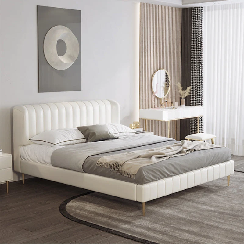 Genuine Leather Upholstered Bed Frame Cream Low Wingback Bed