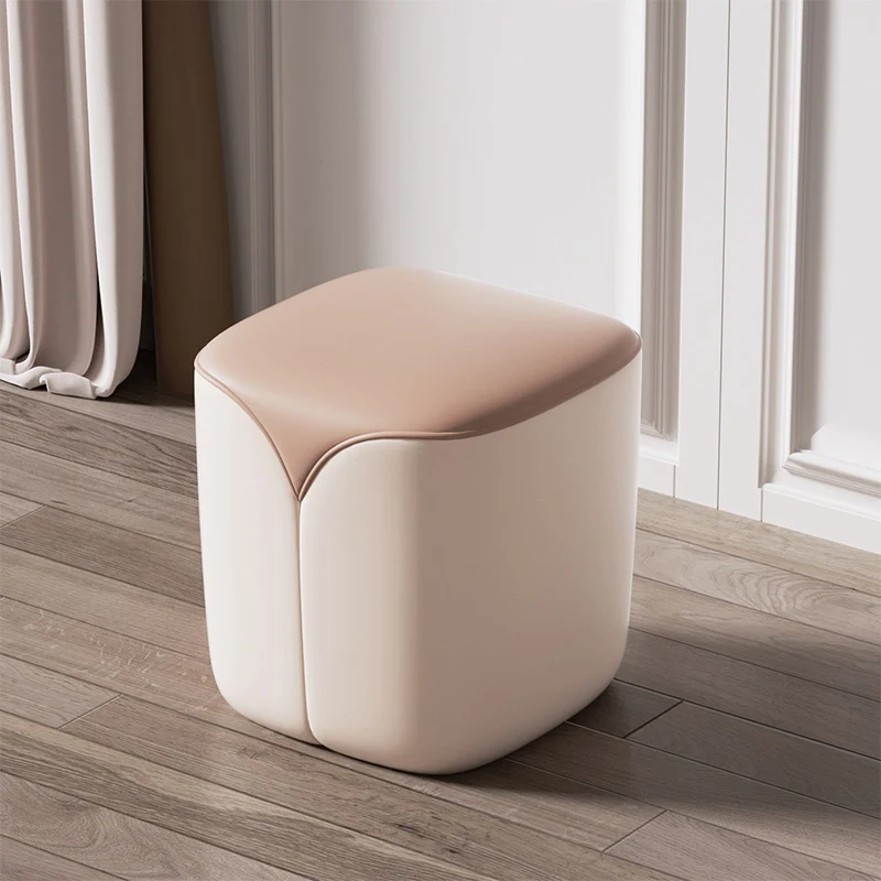 Modern Minimalist PU Leather & Solid Wood Rounded Rectangle Vanity Stool For Bedroom & Living Room