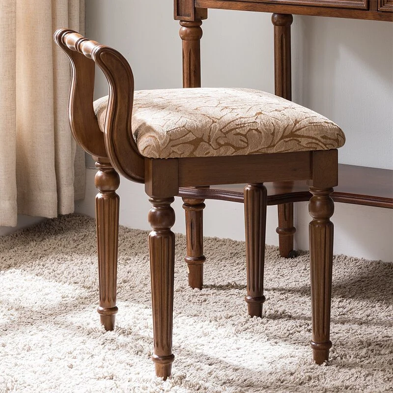 Traditional Vintage Rubberwood & Fabric Square Padded Vanity Stool With Patterned Upholstery & Low Backrest For Bedroom
