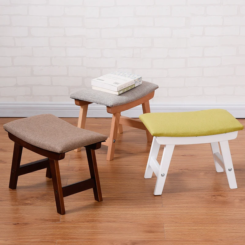 Modern Minimalist Fabric & Solid Wood Rectangular Curved Low Stool For Bedroom & Living Room