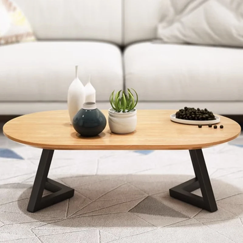 Contemporary Nordic Wood Iron Oval Triangle Leg Coffee Table 1-Tray For Living Room