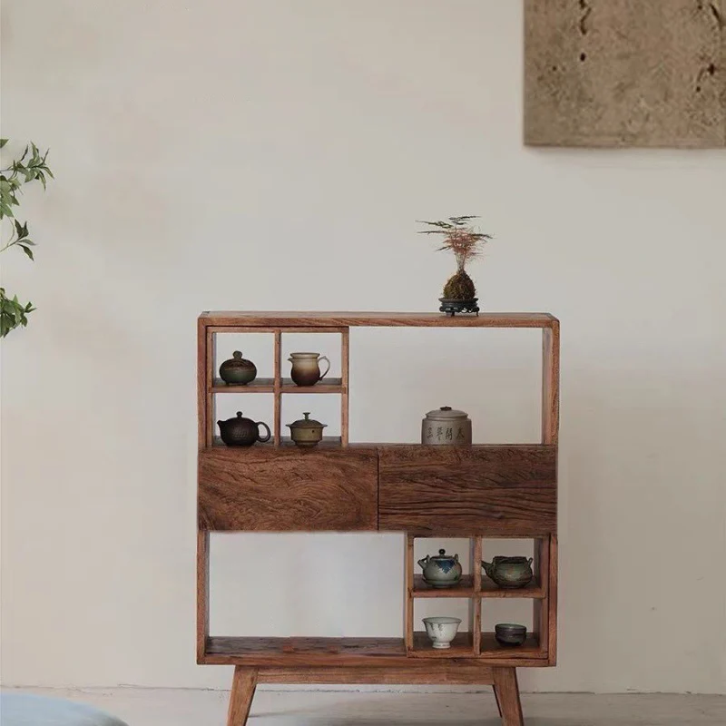 Traditional Vintage Camphor Wood Rectangular Console Table Shelf 2-Tier Drawer For Entryway